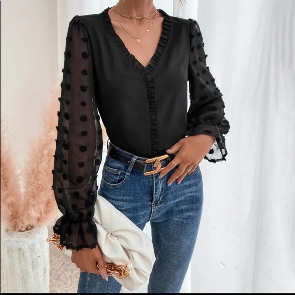 Black V neck Swiss dot sleeve blouse - Picture 4 of 5